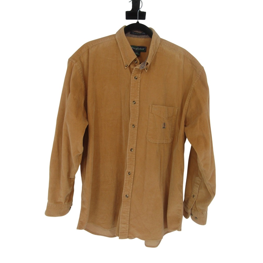 Siegfried Corduroy Button Front Shirt Mens Large Tan Long Sleeve‎ Pocket Logo